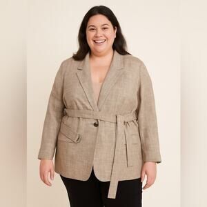 LAFAYETTE 148 NEW YORK One Button Blazer Jacket Beige Linen Belted Size XL